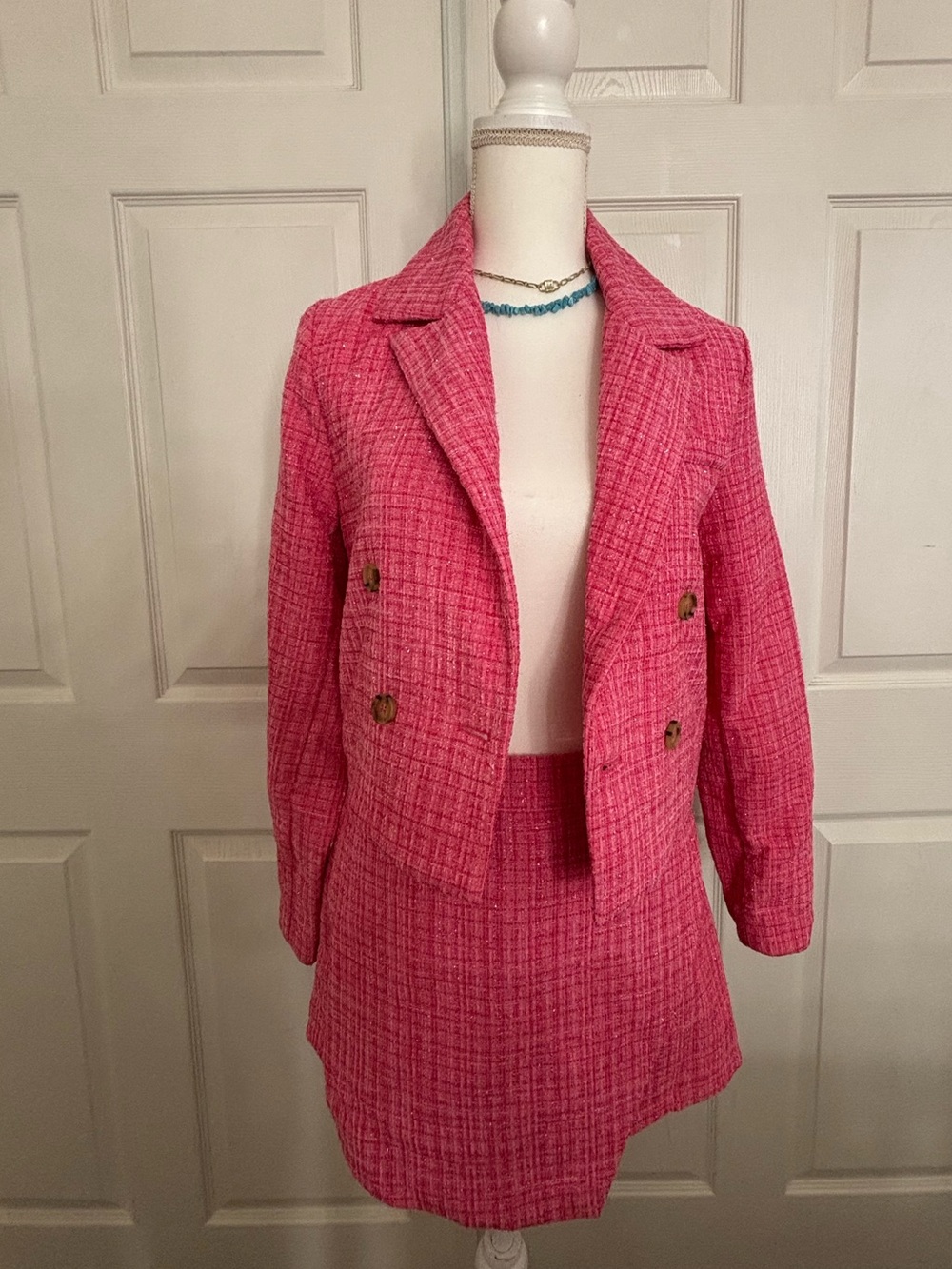 USED- Aqua Hot Pink Tweed Double-Breasted Blazer & Skort SET